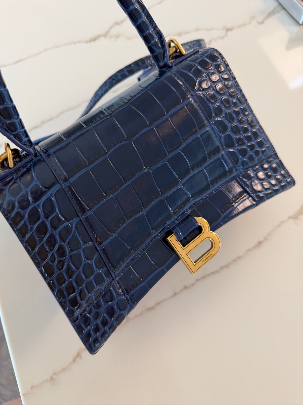 BALENCIAGA Shiny Calfskin Crocodile Embossed Small Hourglass Top Handle Bag Navy - Picture 3 of 4